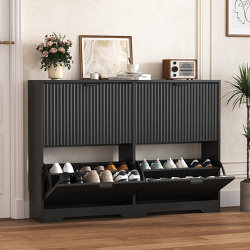 Shoe Cabinet Storage with 4 Flip Drawers, Black Fluted Shoe Cabinet with Adjustable Shelves, Wooden Hidden Shoe Rack