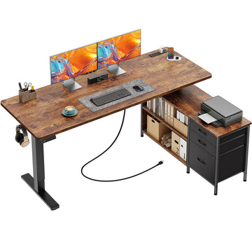 55.1'' L Standing Desk with Outlets, Cabinet with Shelves, Drawers