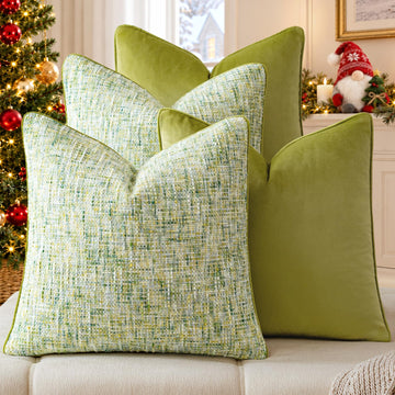 Green 4 Pack Throw Pillow Covers - Chenille & Velvet Set with Piping, Farmhouse Textured Design Pillow Cases for
