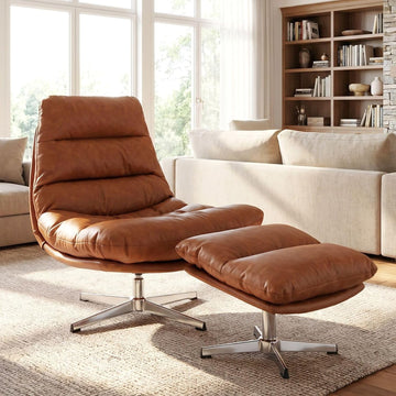Modern Reading Chair and Ottoman — Brown PU Leather