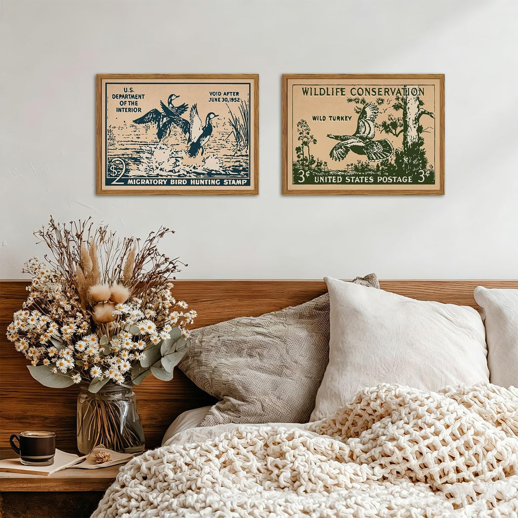 Framed Vintage Wildlife Stamp Wall Art Set of 2, Retro Conservation Duck and Wild Turkey Pictures Wall Decor, Rustic