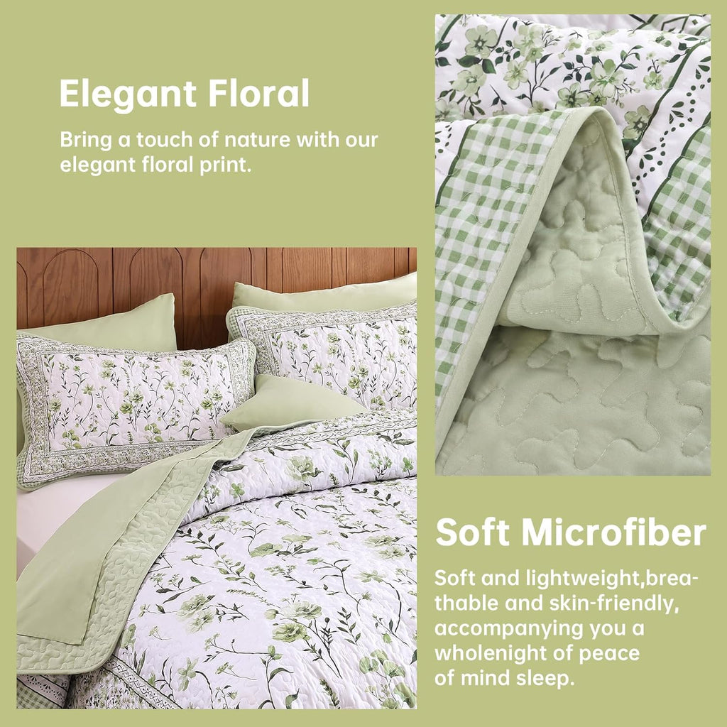 Floral Quilt Set, Sage Green Bedspread Set with 2 Pillowcases, Microfiber Lightweight Flowers Botanical Coverlet