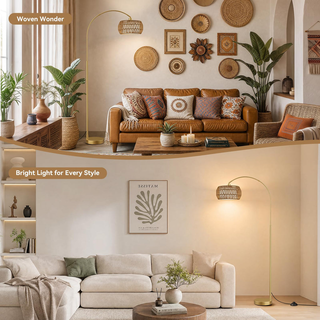 Boho Arc Floor Lamp, Color Temp and Brightness Adjustable, Gold
