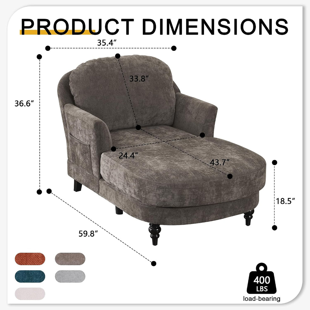 59.8" Chaise Lounge Chair Indoor, Oversized Reading Chair Bed, Brown | Comfy Single Reading Chairs, Modern