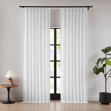 72 Inches White Pinch Pleated Linen Semi Sheer Curtains (Set of 2 Panels)