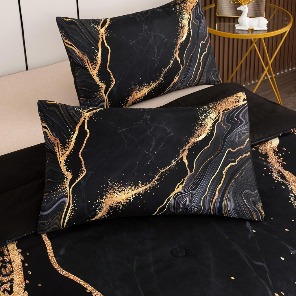 Tailor Shop Marble Bedding Set Soft Microfiber Black and Gold Comforter Set Queen for Kids Men and Women with 1 Marble