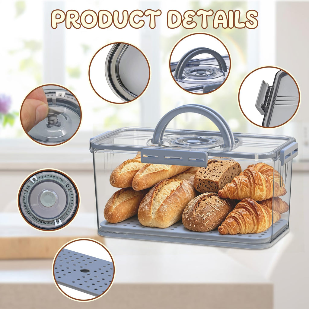 With Lid and Handle,Time Recording Airtight Bread Container Grey