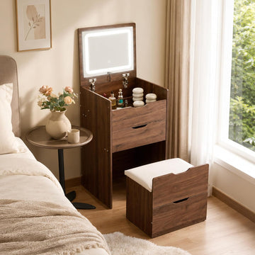 Small Vanity with Mirror and Lights for Small Space, 3-in-1 Compact Makeup Vanity Desk with Storage, Flip Top Vanity