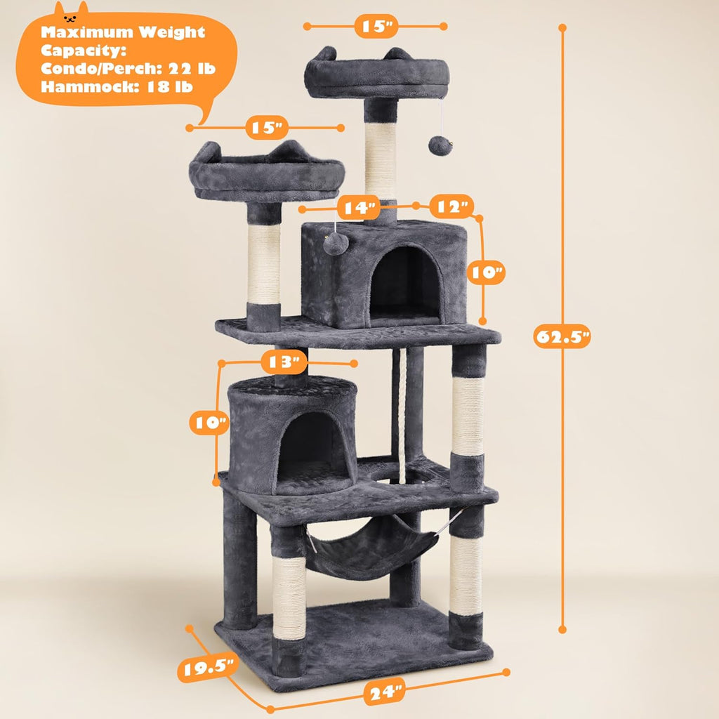 62.5inches Cat Tree Cat Tower Cat Condo with Platform & Hammock