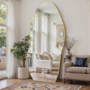 Irregular Full Length Mirror, 76"x36" Asymmetrical Floor Mirror with Stand, Standing Hanging Leaning Irregular