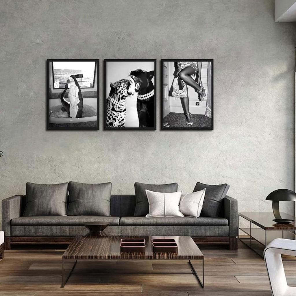 Framed Trendy Black and White Wall Art Set of 3, Fashionable Cheetah Wall Decor, Posters for Room Aesthetic, Modern