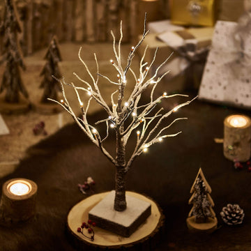 Lighted Tabletop Artificial Small Tree Snow Dusted 24 LED 18IN Battery Operated with Timer Indoor Use for Halloween