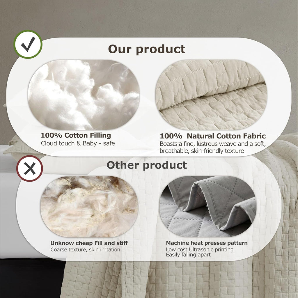 Beige 100% Cotton Quilt King Bedding Sets with 2 Pillow Shams, Textured Lightweight Soft Bedspread Shabby Chic