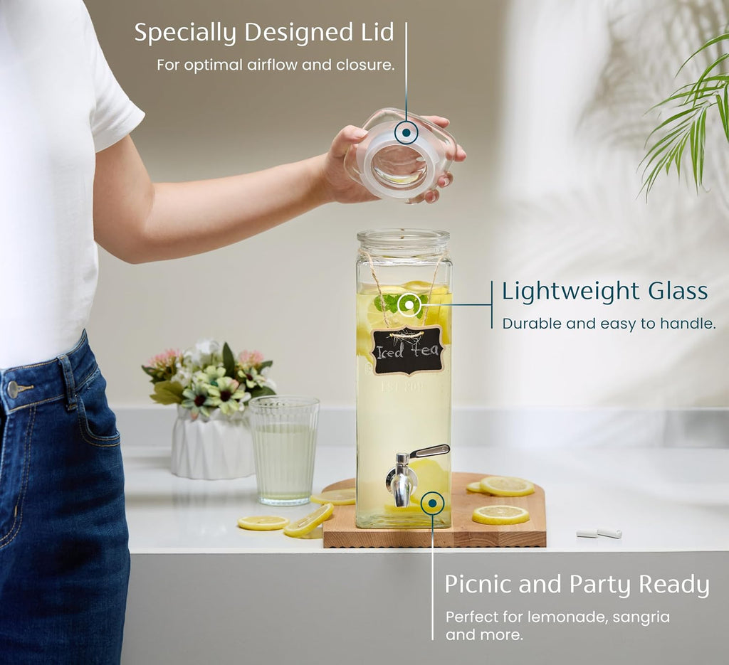 Drink Dispenser, 80 oz, Water Dispenser Countertop, Glass Drink Dispenser, Beverage dispenser, with Leak-Proof