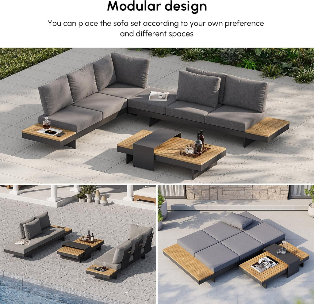 4 Piece Outdoor Conversation Sets, Teak & Aluminum Modular Sofa | Patio Sectional Sofa with Adjustable Backrests