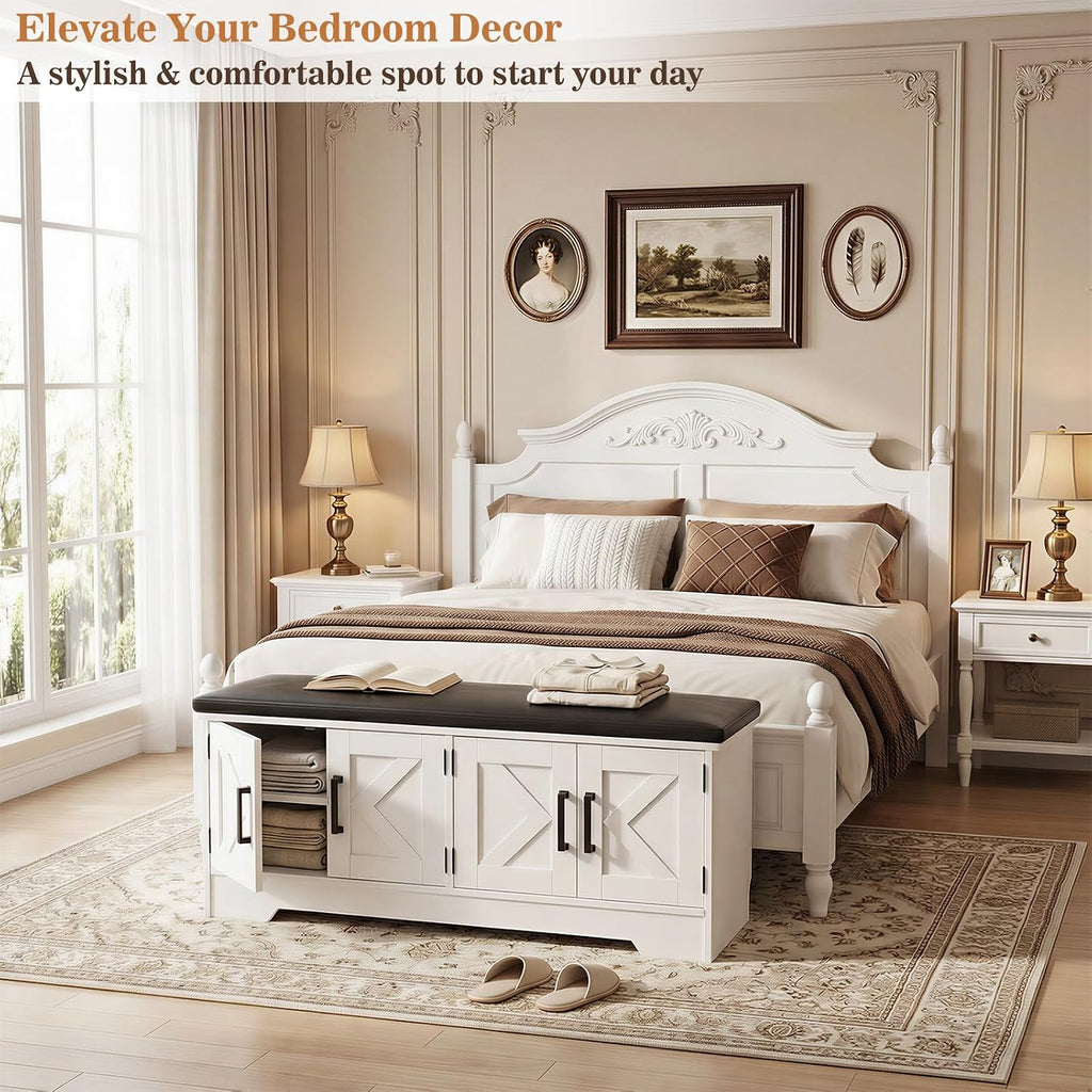 Farmhouse Shoe Storage Bench with Cushion - 43.3" Entryway Bench with Storage & 4 Barn Doors, 2-Tier Wooden Shoe Rack