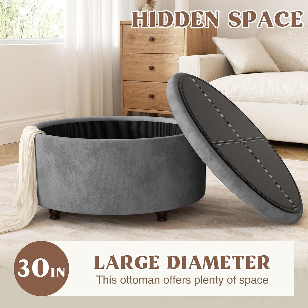30 Inch Round Storage Ottoman,Modern Tufted Ottomans,Circular Coffee Table with Removable Top,Upholstered Large