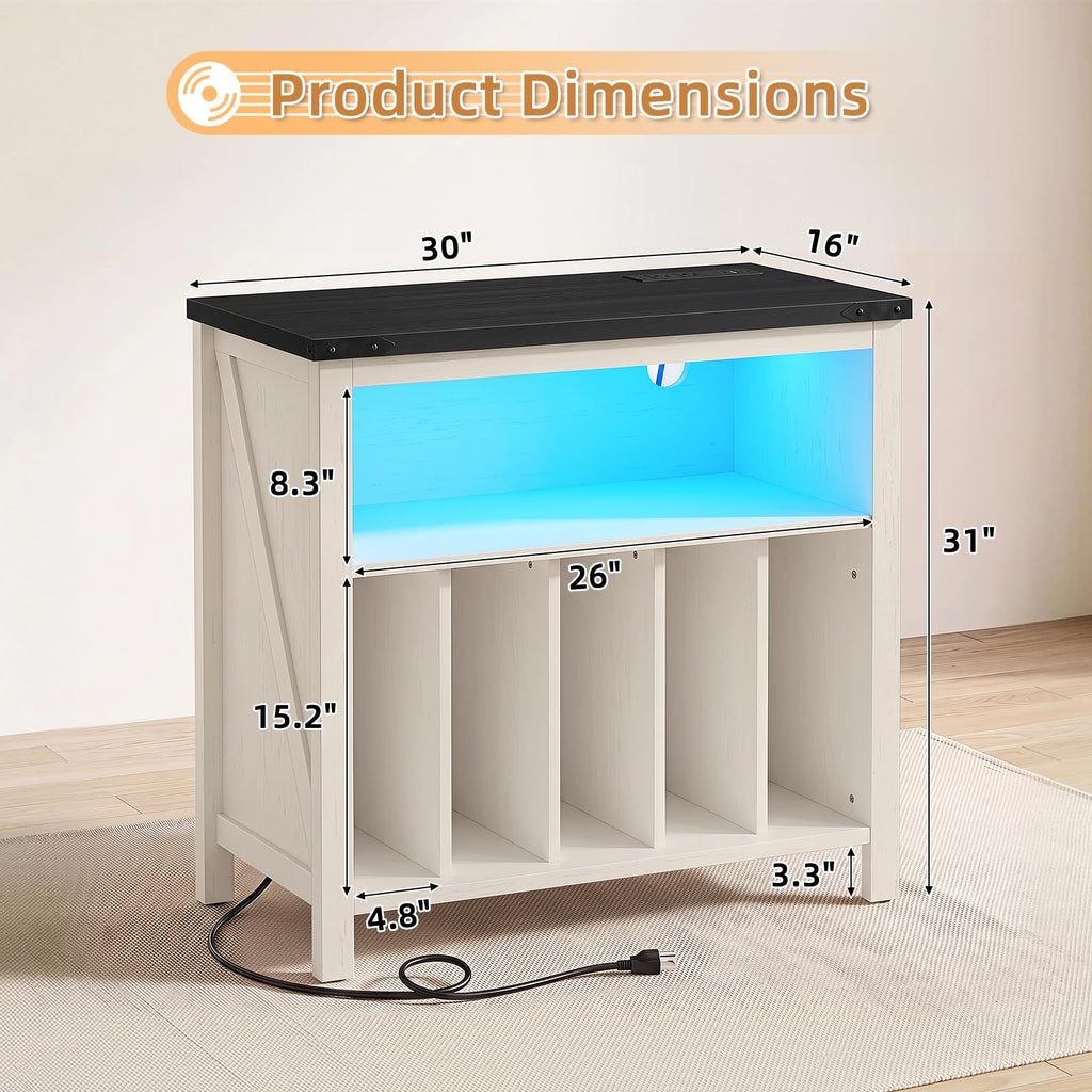 Large Record Player Stand with Power Outlets & 20-Color Lights