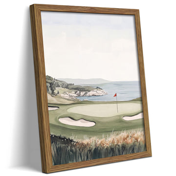 Framed Coastal Golf Course Wall Art, Watercolor Seaside Golf Landscape Canvas Print Poster, Country Club Painting