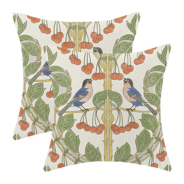 Boho Pillow Covers 18x18 Inch Set of 2 Blue Orange Vintage Botanical Bird Throw Pillows Seasonal Cherries Bird Floral