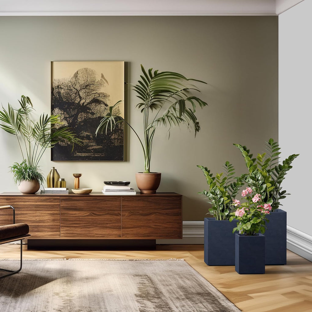 Set of 3 Charcoal Concrete Tall Planters 13" 11" 13" Dia | Drainage for Outdoor, Rubber Plug for Indoor Home