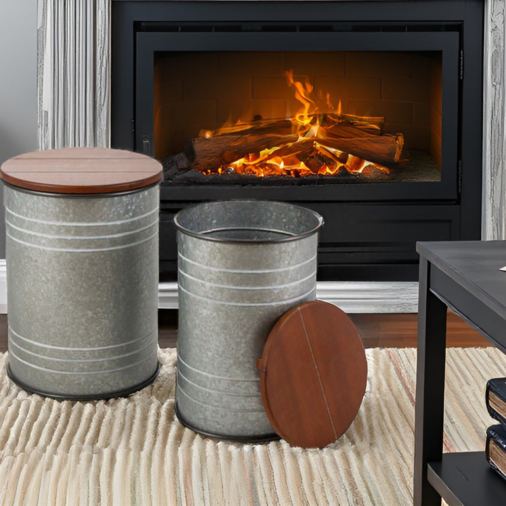Rustic End Table Set of 2, Farmhouse Galvanized Metal Barrel Ottoman Storage Stool with Round Wood Lid Furniture, Grey