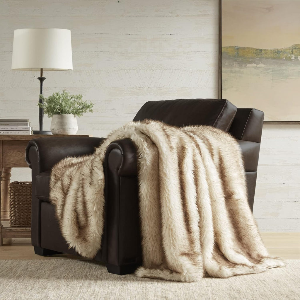 Faux Fur Throw Blanket - Ultra Long Pile, Luxury Fluffy Fox Golden with Brown Tipped Throws, Fuzzy Plush Blankets for
