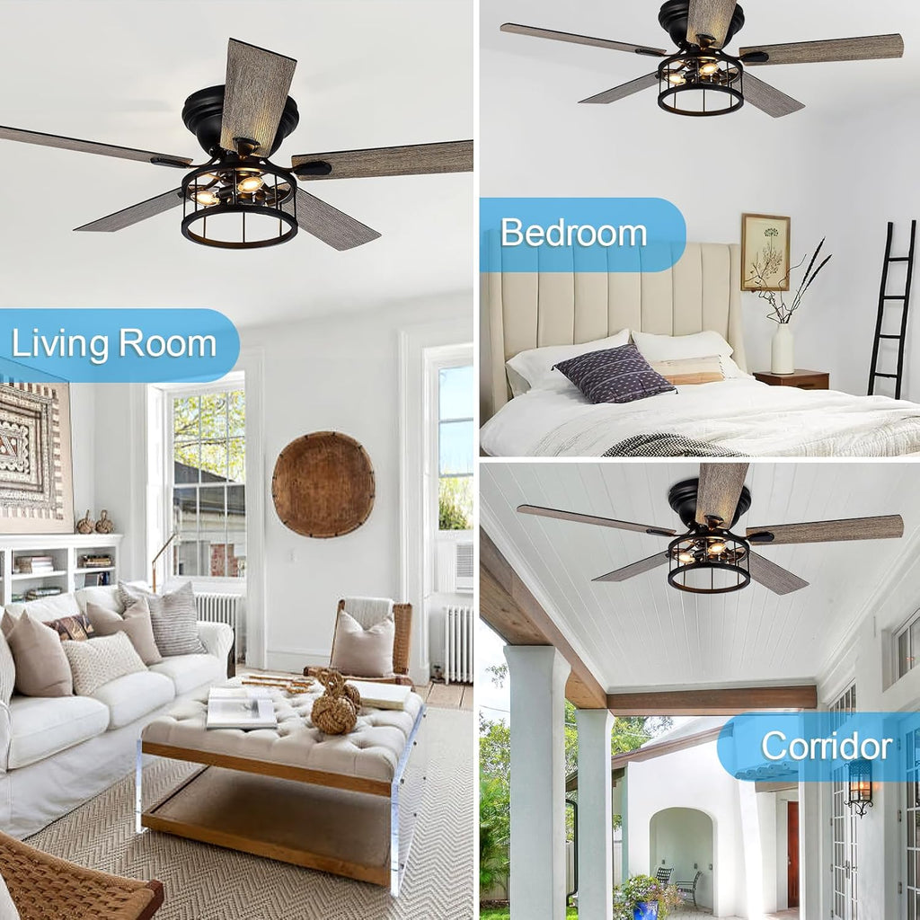 52 Inch Flush Mount Farmhouse Rustic Ceiling Fan with Light and Remote, Reversible AC Motor, 5 Dual Finish Blades