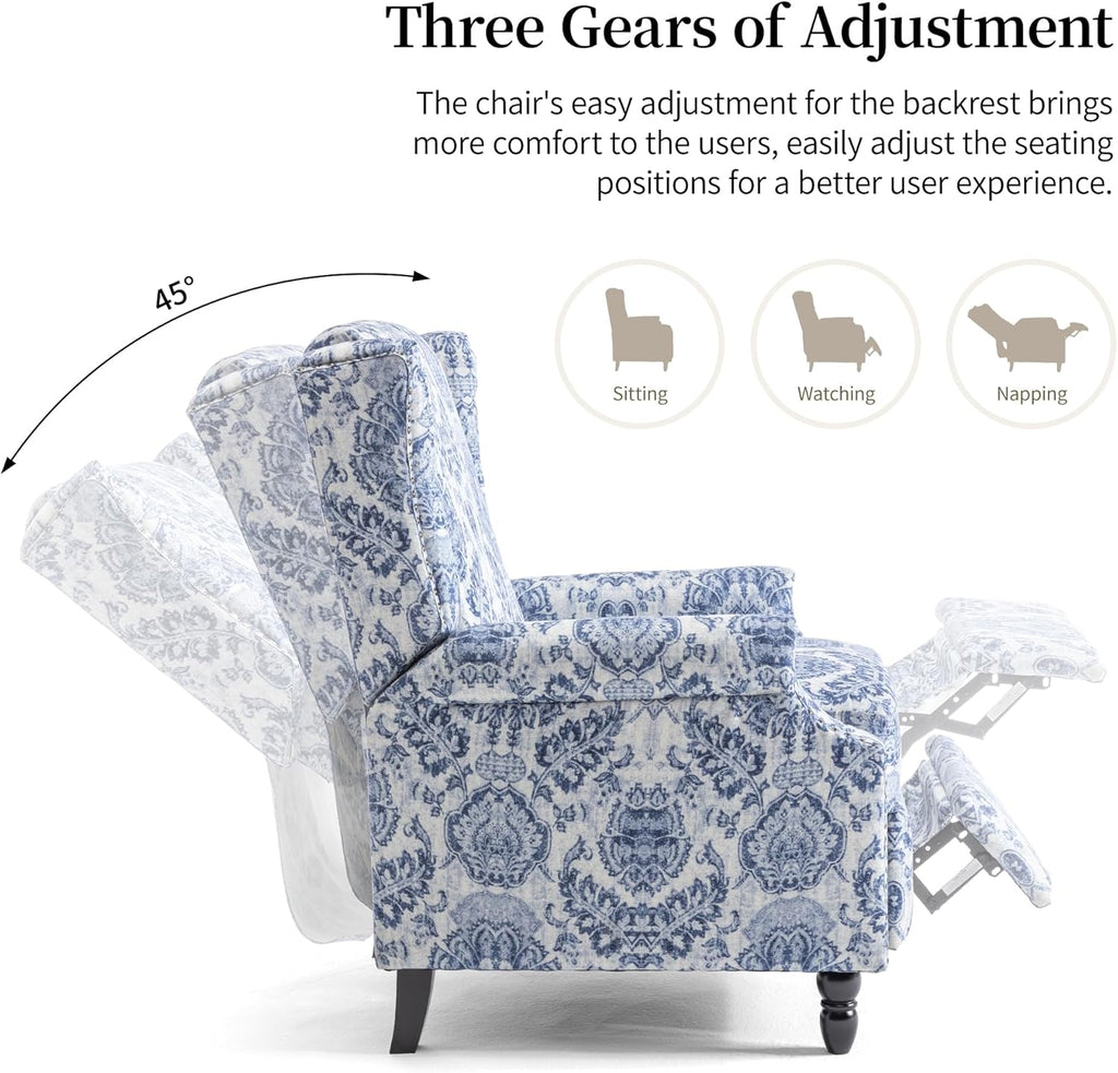 Wingback Recliner Chair with Adjustable Push Back, Navy | Pushback Recliner Chair with Footrest & Padded Seat, Solid