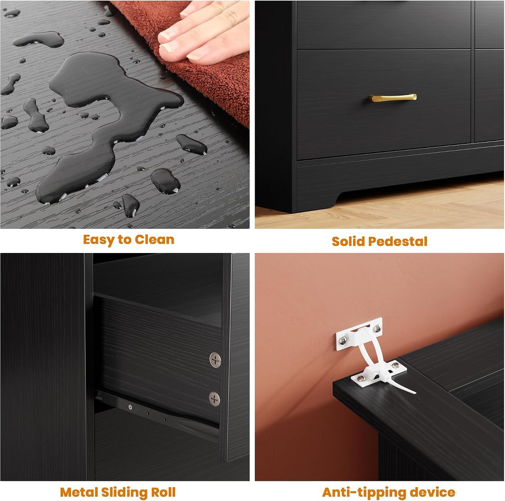 9 Drawer Dresser - 65" Wide Chest of Drawers with LED Light and Charging Station, Modern Large TV Stand Cabinet
