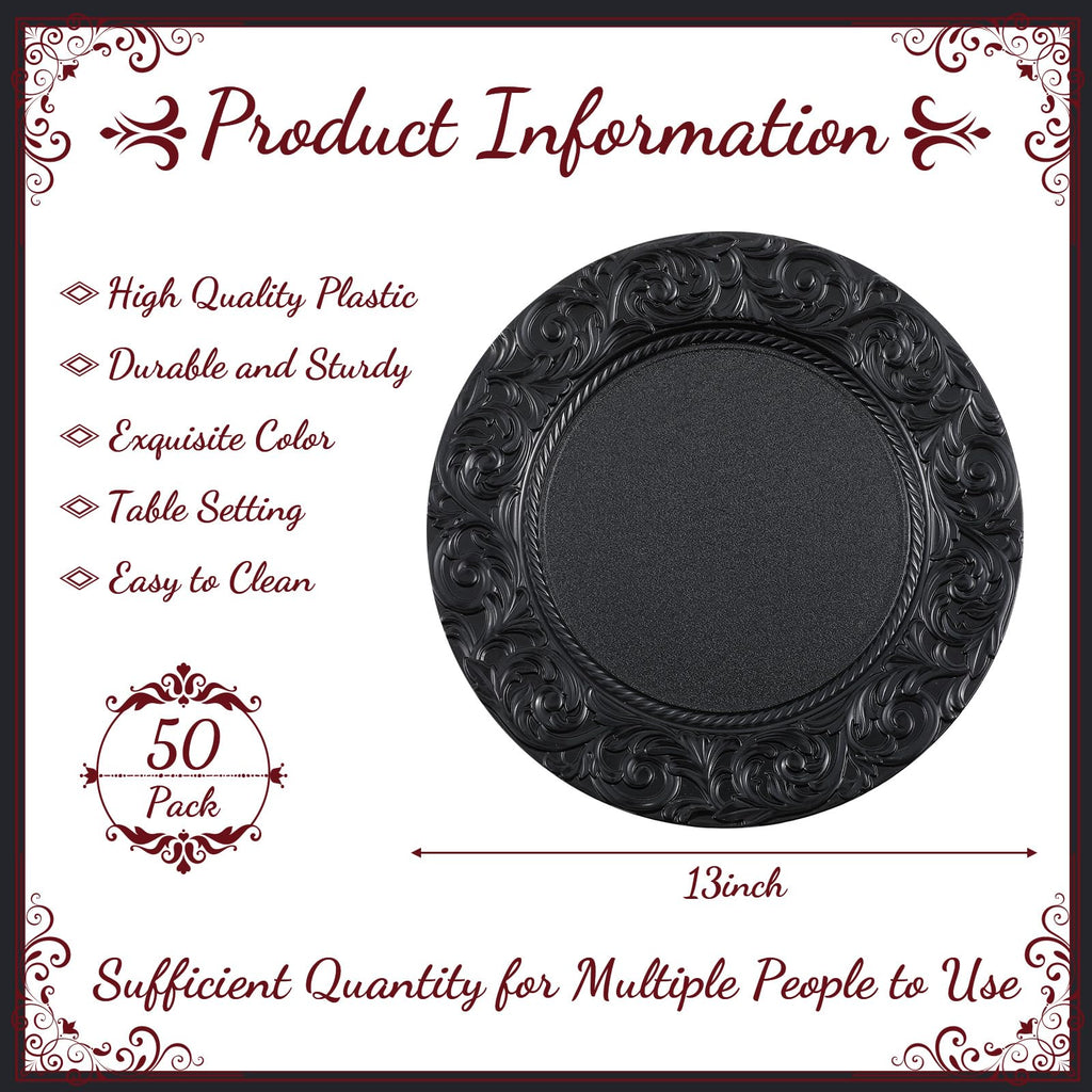 50 Pcs Black Charger Plates Bulk 13'' Antique Plastic Chargers