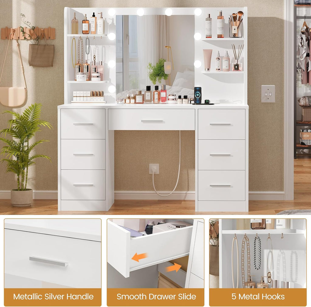 Large Vanity Desk with LED Lighted Mirror & Power Outlet,Makeup Vanity Table with 7 Drawers,4 Shelves and 5