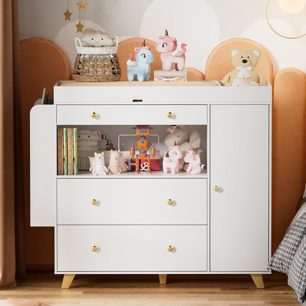 Nursery Dresser with Baby Changing Table, Modern Diaper Changing Station,Dresser with 3 Drawers & Shelves, Storage