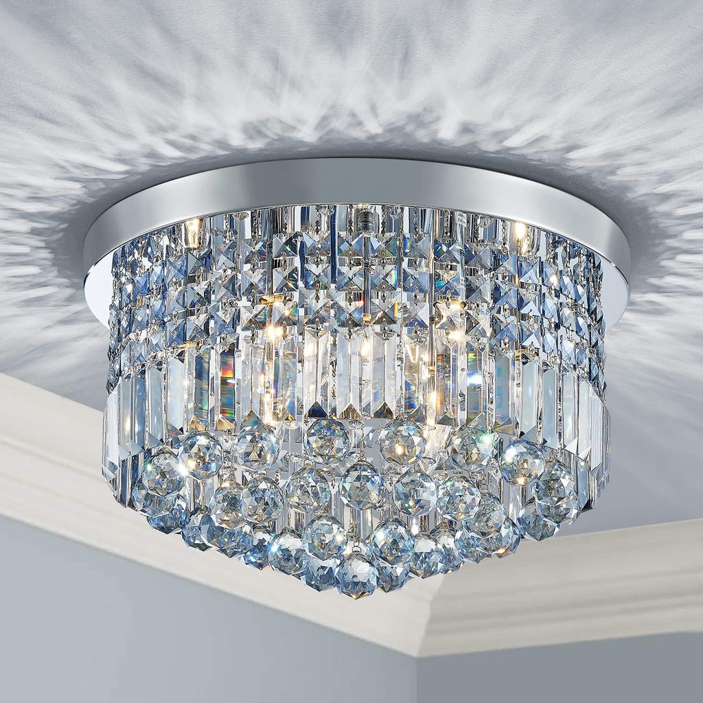 9 Light Modern K9 Crystal Chandelier Lighting, Flush Mount, Perfect for Dining Room, Bathroom, Bedroom, E12 Bulb Base; Height 11" x Diameter 20"; Lake Blue Crystal & Chrome Finish A100-B0B5638L91