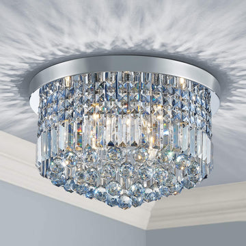 9 Light Modern K9 Crystal Chandelier Lighting, Flush Mount, Perfect for Dining Room, Bathroom, Bedroom, E12 Bulb Base; Height 11" x Diameter 20"; Lake Blue Crystal & Chrome Finish