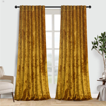 Warm Gold Velvet Curtains 2 Panel Set - 96 inches Long Drapes Room Darkening Luxury Distressed Crushed Draperies Rod