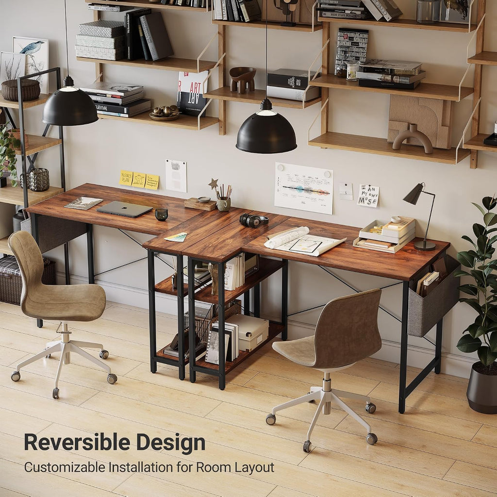 L Shaped Desk, 55" Computer Table with Reversible Storage Shelves Home Office Corner Study Writing Gaming, Brown