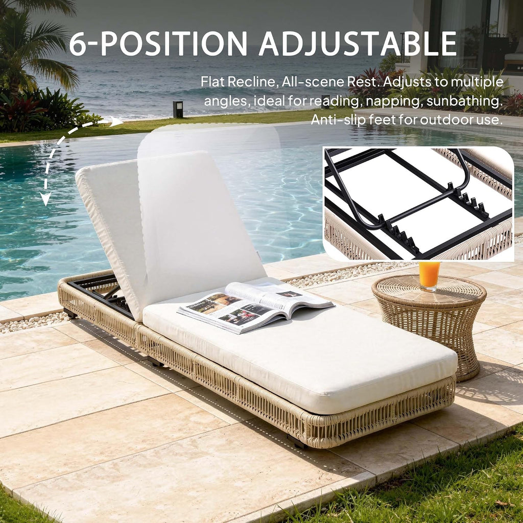 Outdoor Chaise Lounges Set of 2, 5 Adjustable Backrest Patio Lounge Chair, Wicker Rope Outdoor Furniture - Beige