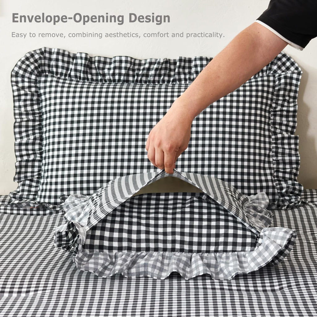Gingham Comforter Set 5 Pieces Black Ruffled Bedding Sets