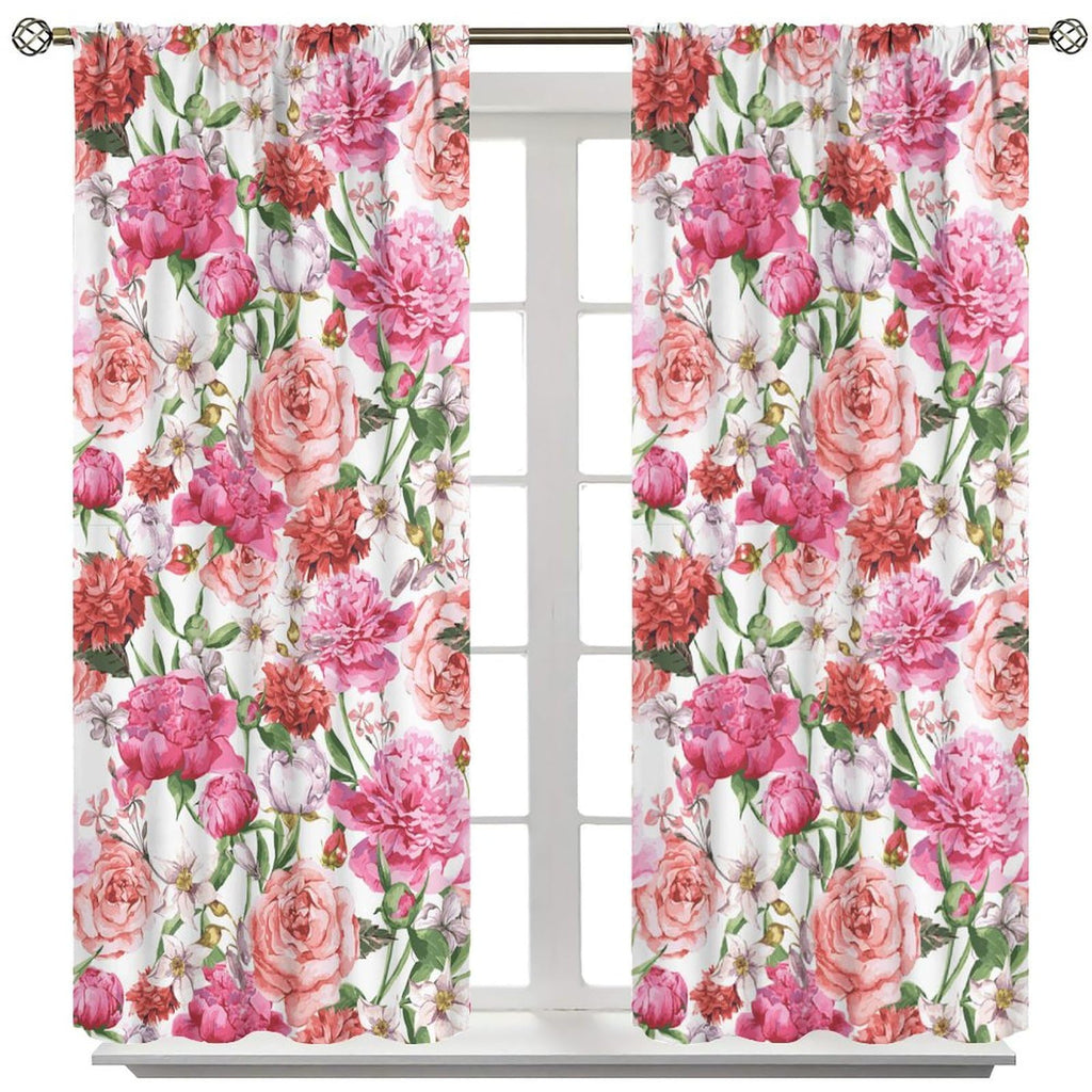 Watercolor Flower Blackout Window Curtain, Victorian Floral Pattern Painting Style Print with Peonie Living Room