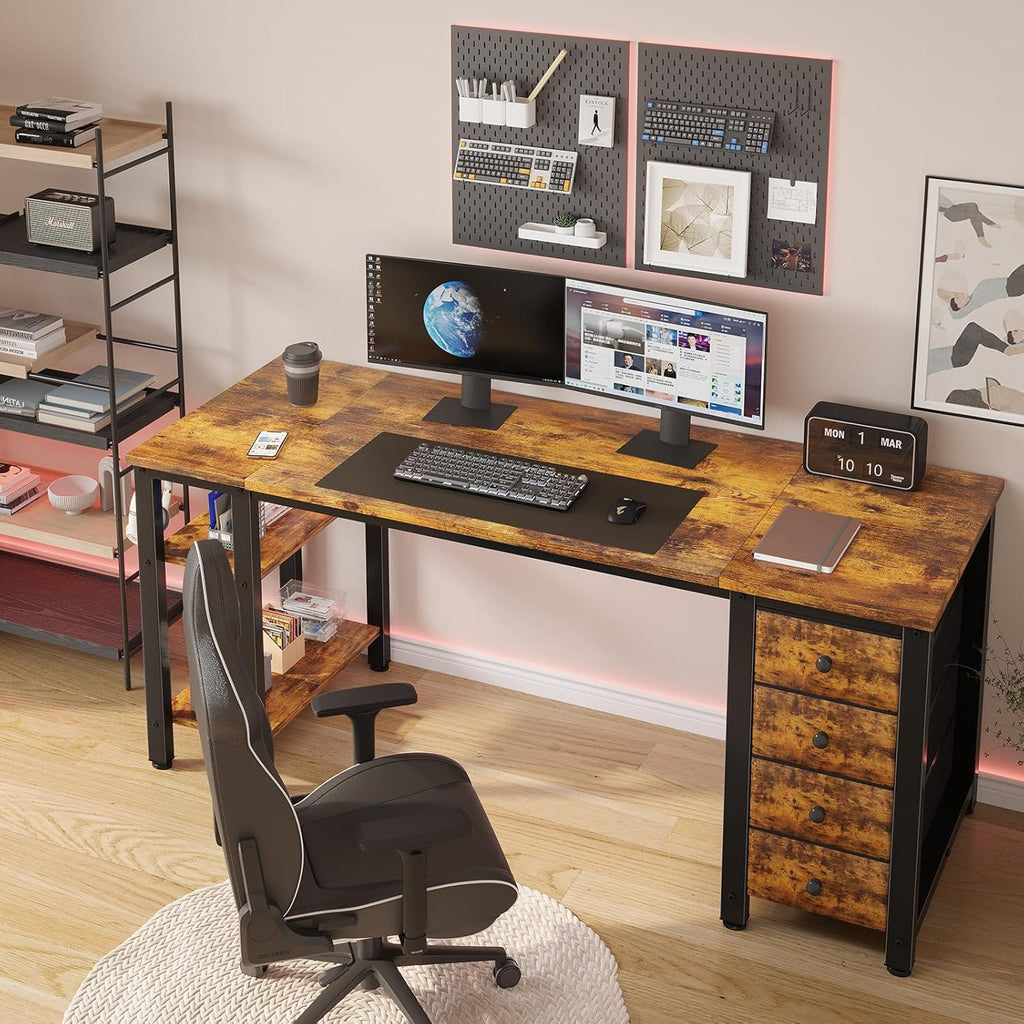 55 inch Computer Desk with 4 Fabric Drawers & Storage Shelves, Writing Work Study Desk Bedroom