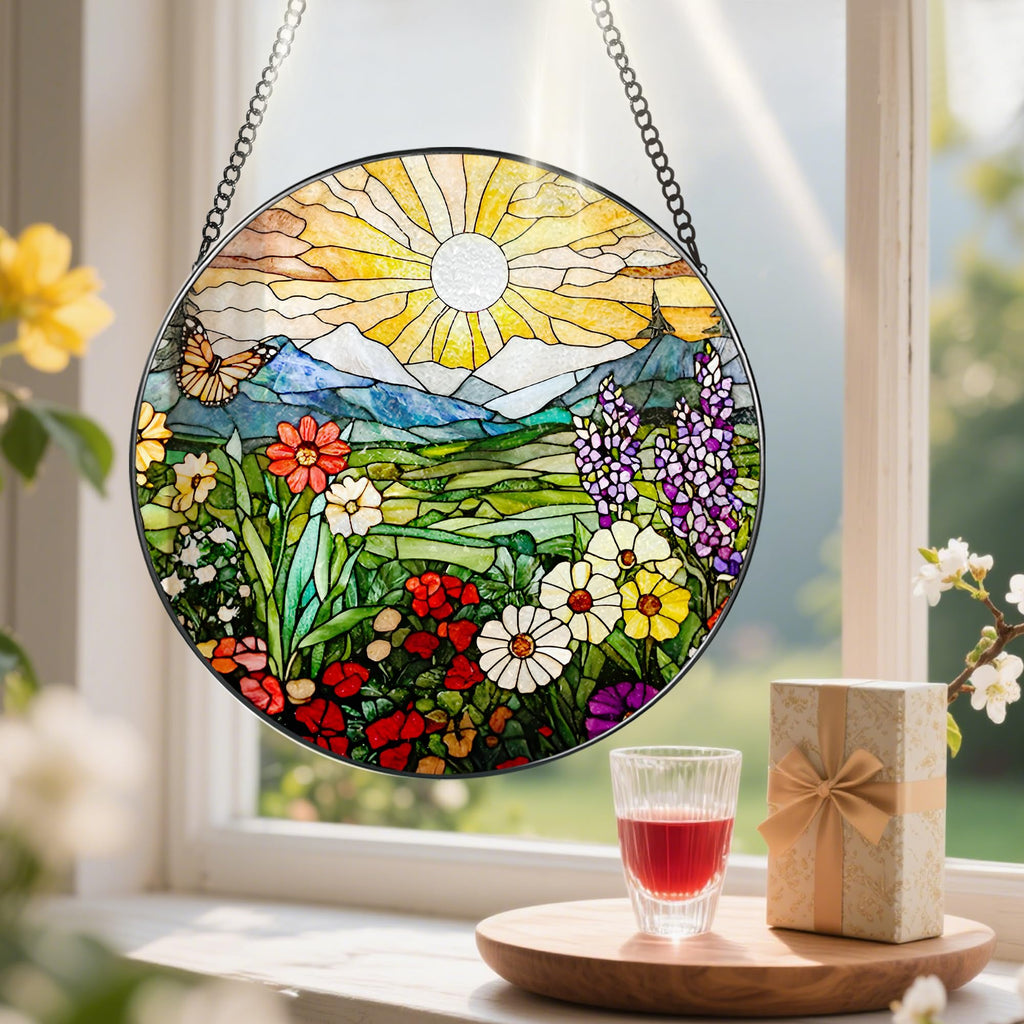 8 Inch Mountain Wildflowers Stained Glass Suncatcher, Window Decor, Grandma Mom Gift for Her, Mother's Day Christmas