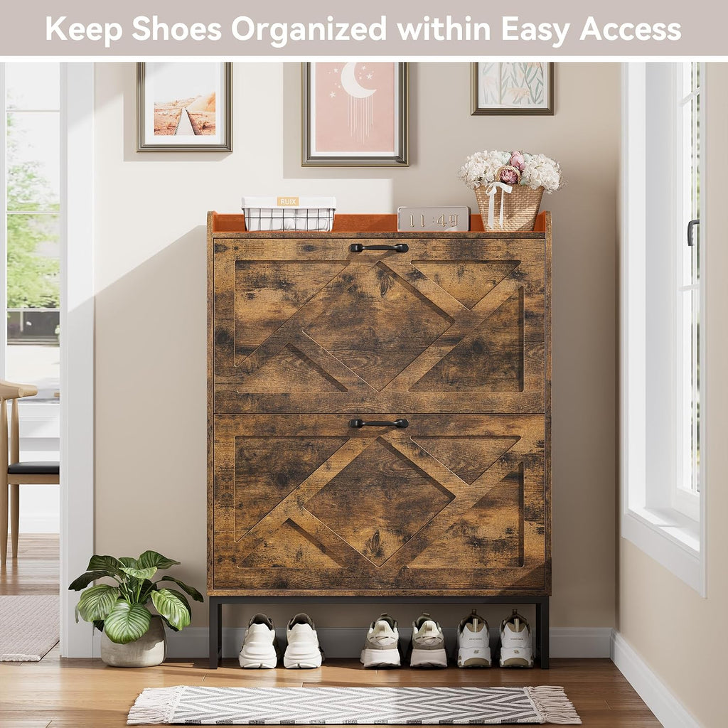 Shoe Cabinet Organizer with 2 Flip Drawers, Freestanding Narrow Rack with Metal Legs, Farmhouse Slim Shoe Storage