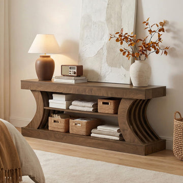 63-Inch Farmhouse Entryway Console Table with Storage, TV Console with Curved Design, Brown (Brown, 15.75" D x 63" W