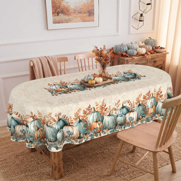 Fall Oval Tablecloth 60 x 84 Inch, Stain Resistant Washable Fabric Autumn Pumpkin Table Cloth Oval Fall Tablecloth