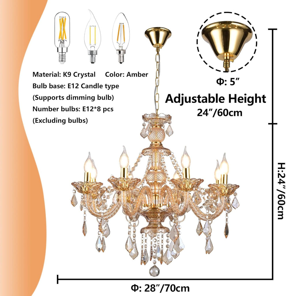 8-Light Amber Crystal Chandelier, K9 Crystal Modern Luxurious Crystal Candle Pendant Light, Luxury Crystal Ceiling Light Fixtures for Living Room, Kitchen, Dining Room (8 Lights)