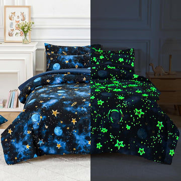 Kids Comforter Sets Twin for Boys, Glow in The Dark Blue Starry Sky Space Bedding Set 3 Pieces - Boy Soft Bed Set - Set of 3