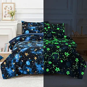 Kids Comforter Sets Twin for Boys, Glow in The Dark Blue Starry Sky Space Bedding Set 3 Pieces - Boy Soft Bed Set - Set of 3