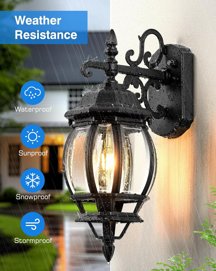 Dusk to Dawn Outdoor Lighting Fixture for House, Black Exterior Wall Light Wall Mount Sconce with Tempered Glass