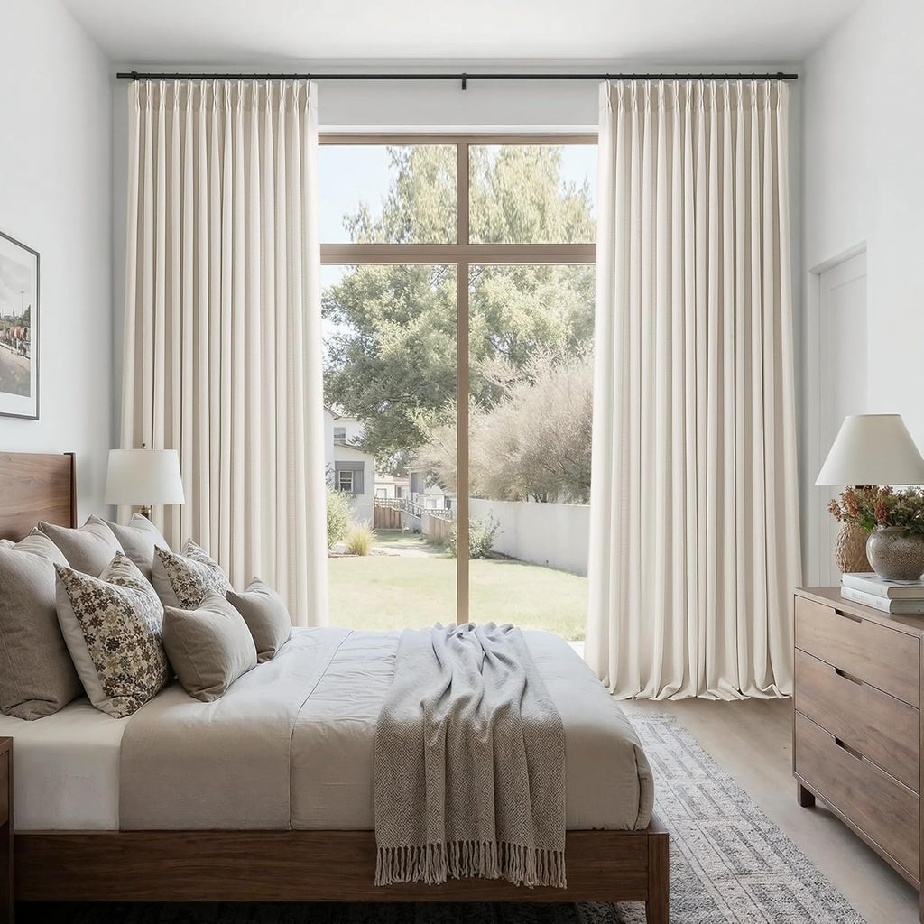 Natural Pinch Pleated Semi Sheer Curtains 2 Panels Set for Sliding Glass Doors, Memory Shape Pleat Thick